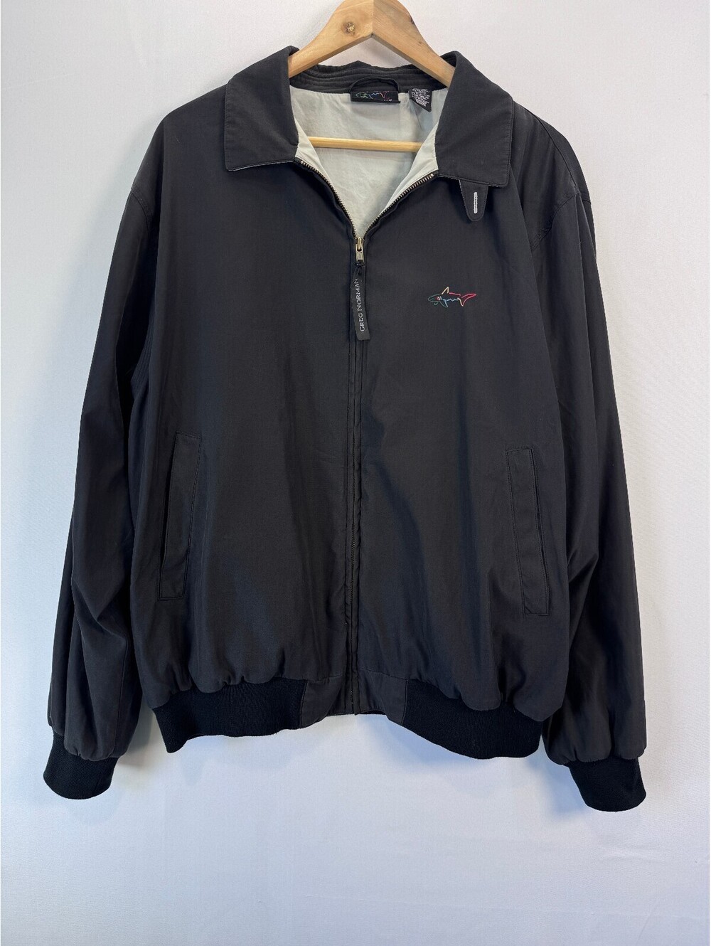 Vintage Greg Norman bomber Golf Jacket Black Shark Logo Mens XL 90s Preppy